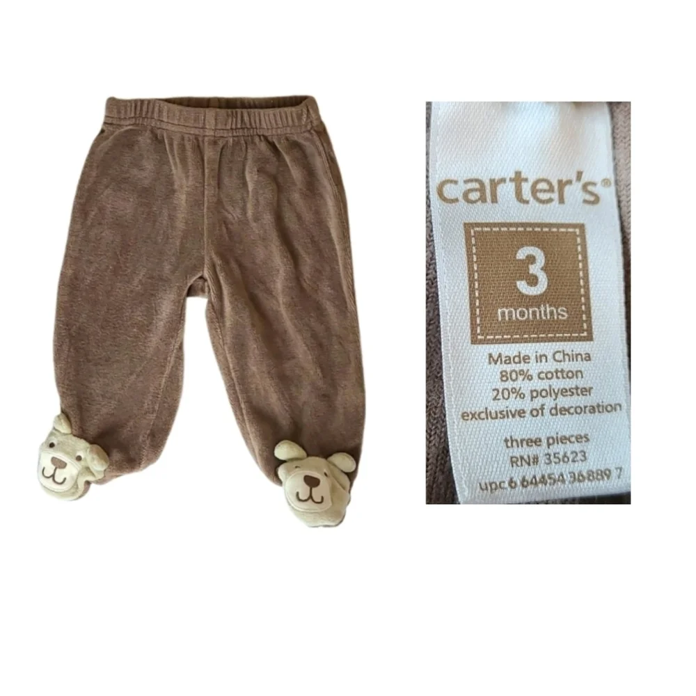Vintage Baby 3 Months Bear Footies Brown Fleece Casual Pants 3M Mos Infant Kids